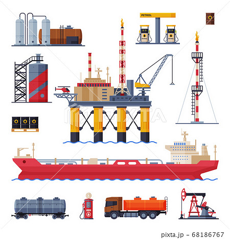 Oil and Gas Production, Processing and Transportation Set, Gasoline and Petroleum Industry Flat Style Vector Illustration on White Background 68186767