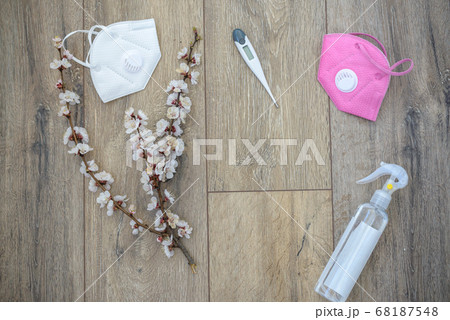 blooming cherry branch with disinfection liquid blooming cherry branch with disinfection liquid 68187548
