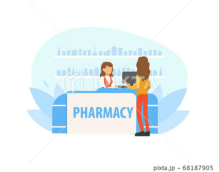 Young Woman Buying Medicine in Pharmacy, Female Pharmacist Standing Behind Counter Vector Illustration Young Woman Buying Medicine in Pharmacy, Female Pharmacist Standing Behind Counter Vector Illustration 68187905