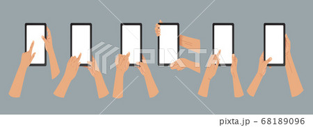 Hands hold tablet pc in vertical and horizontal positions. White hands holding and touching electronic gadgets. Vector icons, emblem. Modern flat style 68189096