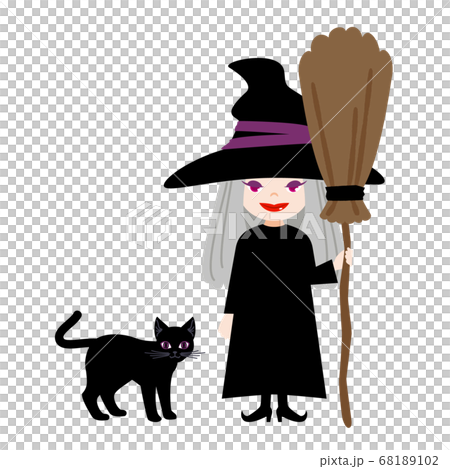 Witch holding a broom and a black cat - Stock Illustration [68189102 ...
