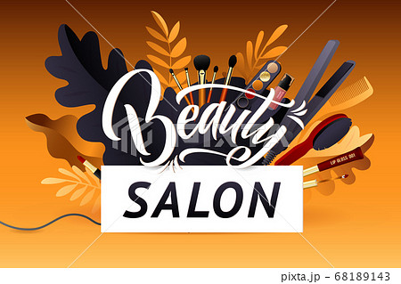 Beauty Salon. Colorful Makeup and Hair Style decorative illustration with haircut accessories and Make-up equipment with big white letters. Realistic Poster. 68189143