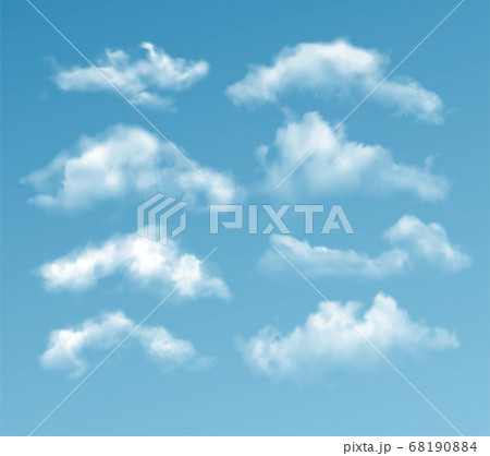 Set of transparent different clouds isolated on blue background. Real transparency effect. Vector illustration 68190884