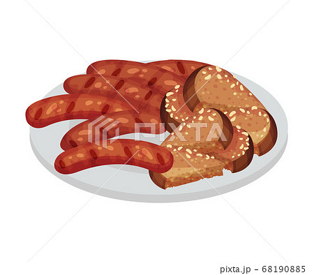 Festive Food for Oktoberfest Celebration with Grilled Sausages and Bread Slices Rested on Plate Vector Illustration 68190885