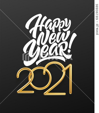 Realistic gold metal inscription 2021. Gold calligraphy New Year lettering. Design element for advertising poster, flyer, postcard. Vector illustration 68190886