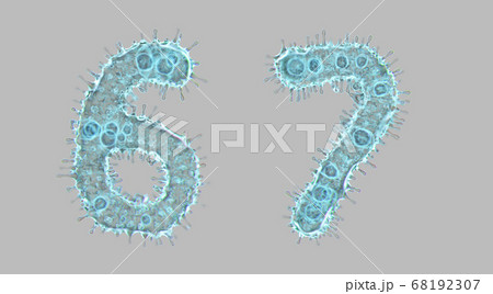 Alphabet made of virus isolated on gray background. Set of numbers 6, 7. 3d rendering. Covid font 68192307