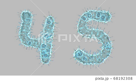 Alphabet made of virus isolated on gray background. Set of numbers 4, 5. 3d rendering. Covid font 68192308