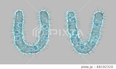 Set of letters made of virus isolated on gray background. Capital letter U, V. 3d rendering. Covid font 68192320