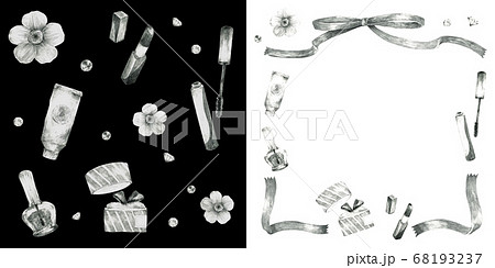 コスメと花のフレーム装飾とリピートパターン素材 白黒 のイラスト素材