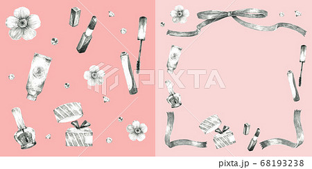 コスメと花のフレーム装飾とリピートパターン素材 ピンク背景 のイラスト素材