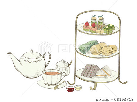 紅茶と抹茶のアフタヌーンティの手描き 68193718