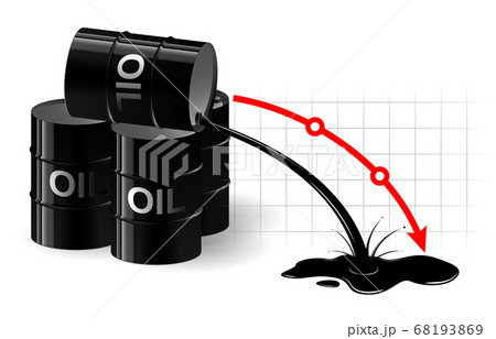 The chart of the fall in the oil price. Black liquid pouring out of the barrel. Very low fuel price. 68193869