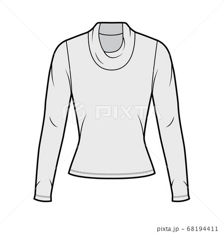 Cowl turtleneck jersey sweater technical fashion illustration with long sleeves, close-fitting shape  68194411