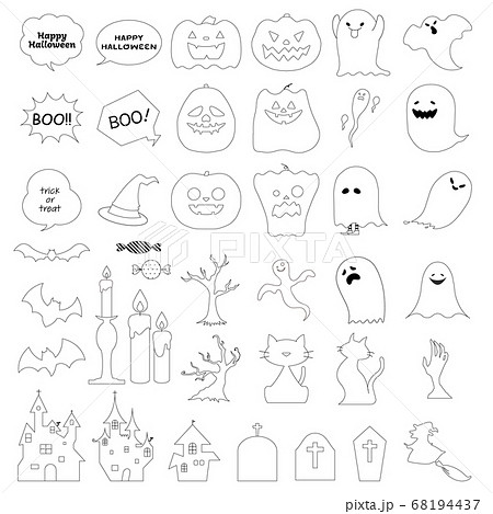 ハロウィンの白黒イラスト素材セットのイラスト素材