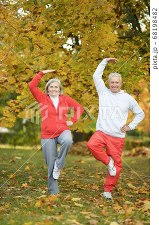 Happy senior couple doing exercises in autumnal park 68198482