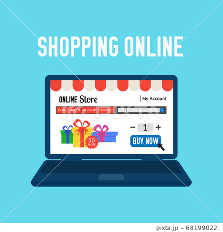 Online store. Shopping online. E-commerce shopping concept. Colored flat web market isolated on blue. Design for website mobile banner poster Online store. Shopping online. E-commerce shopping concept. Colored flat web market isolated on blue. Design for website mobile banner poster 68199022