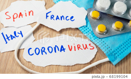 Blue surgical protective mask with coronavirus text 68199104