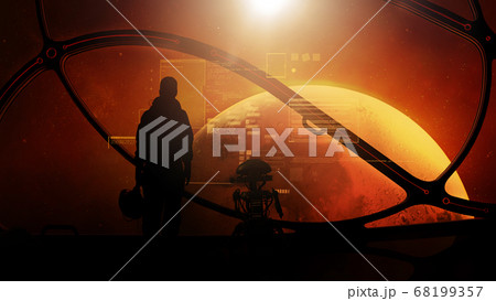 Astronaut and droid at the porthole of a spaceship approaching Mars. Astronaut and droid at the porthole of a spaceship approaching Mars. 68199357