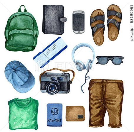 Watercolor travel set of photo camera, jeans, glasses,summer hat, backpack, flip flop. Summer holidays. Hand drawing vacation illustration Isolated on white background. Men Set of trendy look. Watercolor travel set of photo camera, jeans, glasses,summer hat, backpack, flip flop. Summer holidays. Hand drawing vacation illustration Isolated on white background. Men Set of trendy look. 68199965