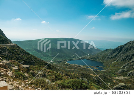 Blue water at dam lake on hilly landscape Blue water at dam lake on hilly landscape 68202352