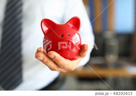 Male businessman hold in hand red little piggybank Male businessman hold in hand red little piggybank 68202615