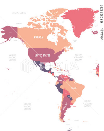 Americas map. High detailed political map of North and South America continent with country, ocean and sea names labeling 68202854