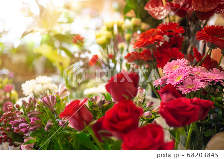 Flower shop with huge arrenge of flowers and lovely roses, floristics concept 68203845
