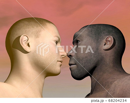 Modern human and homo erectus - 3D render 68204234