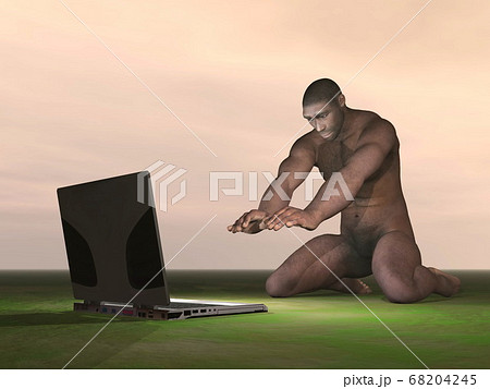 Computer and homo erectus - 3D render 68204245