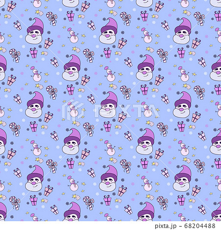 New year 2021 pattern.Seamless pattern with Santa Claus and Christmas drawings - star and gifts, snowman and stars on a blue background. Christmas decorations and designs, packaging, printing. Vector 68204488