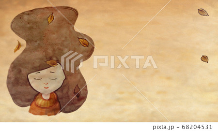 Autumn horizontal card with a girl with eyes closed and autumn leaves in her hair. Watercolor on a beige background. Autumn concept for greeting card and design 68204531