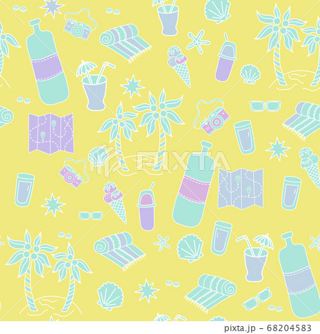Seamless pattern Yellow background with sea and travel. Cocktail and ice cream, glasses, island with palm trees, a beach towel, stars and a map. Bright packaging, design and printing. Vector seamless Seamless pattern Yellow background with sea and travel. Cocktail and ice cream, glasses, island with palm trees, a beach towel, stars and a map. Bright packaging, design and printing. Vector seamless 68204583