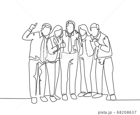One continuous line drawing of young male and female business people posing hugging each other to celebrate their success 68208637