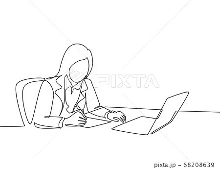 One continuous line drawing of young  serious female employee writing business draft on her work desk at the office 68208639