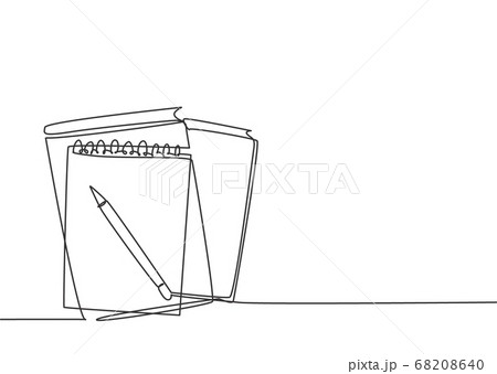 Single continuous line drawing of notebook or notepad with a pencil above work desk 68208640