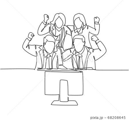 One continuous line drawing about group of marketing team celebrating and hugging each other for their successful goal achievement One continuous line drawing about group of marketing team celebrating and hugging each other for their successful goal achievement 68208645