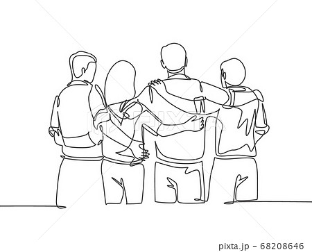 Single continuous line drawing about group of men and woman from multi ethnic standing and hugging together to show their unity bonding 68208646