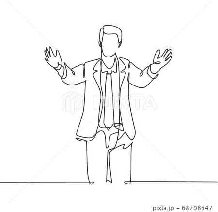 Single continuous line drawing of happy young male worker give supporting hug gesture to his office friend. Welcoming friend support concept Single continuous line drawing of happy young male worker give supporting hug gesture to his office friend. Welcoming friend support concept 68208647