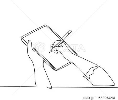 Single continuous line drawing of hand gesture fast writing on paper at clipboard Single continuous line drawing of hand gesture fast writing on paper at clipboard 68208648