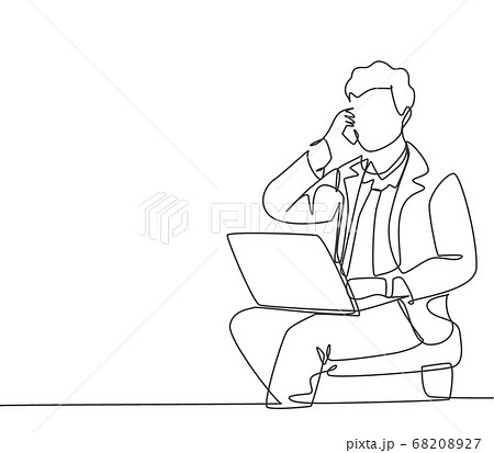 Single continuous line drawing of young manager sitting and typing on laptop during calling his team member to give instruction Single continuous line drawing of young manager sitting and typing on laptop during calling his team member to give instruction 68208927