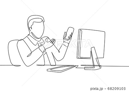 One continuous line drawing of young happy manager holding smartphone while introduce company culture and environment to his new staff One continuous line drawing of young happy manager holding smartphone while introduce company culture and environment to his new staff 68209103