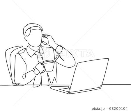 One single line drawing of young male employee holding smartphone during drinking a cup coffee and reading business journal on laptop One single line drawing of young male employee holding smartphone during drinking a cup coffee and reading business journal on laptop 68209104