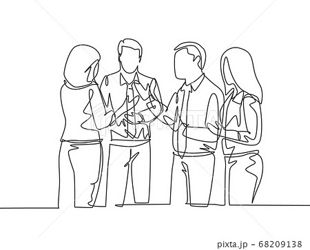One single line drawing of project manager explain company business process to young male and female apprentices at office 68209138