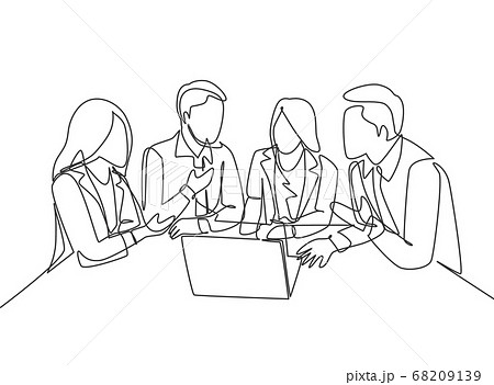 One continuous line drawing of young CEO presenting company business model to female team members at the office 68209139