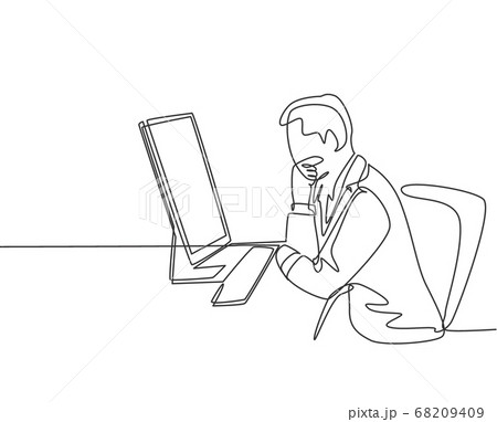One continuous line drawing of young manager thinking seriously on his desk while holding glasses in front the laptop 68209409