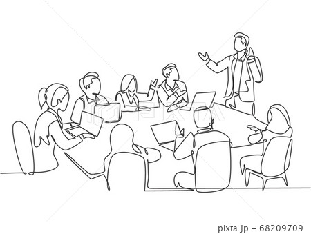 Single continuous line drawing of young happy trainer giving lifeskill lesson to the class members 68209709