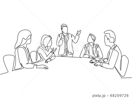 One continuous line drawing of young happy board of directors discussing company profit sharing during meeting 68209726