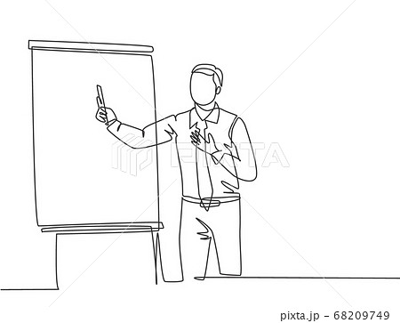 One single line drawing of young presenter explaining business strategy during team meeting 68209749