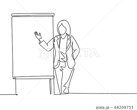 One single line drawing of young businesswoman presenting new golden rules of company to the workers 68209755