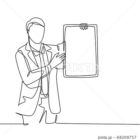 Single continuous line drawing of young presenter giving instruction using little blackboard while meeting at the office 68209757